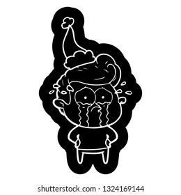 quirky cartoon icon of a crying man wearing santa hat