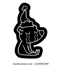 quirky cartoon icon of a crying sitting polar bear wearing santa hat