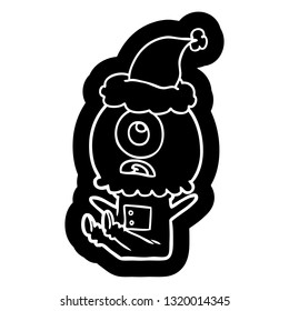 quirky cartoon icon of a cyclops alien spaceman wearing santa hat