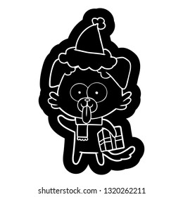 quirky cartoon icon of a dog with christmas present wearing santa hat