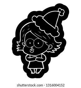 quirky cartoon icon of a girl pouting wearing santa hat