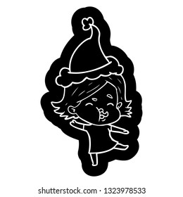 quirky cartoon icon of a girl pulling face wearing santa hat