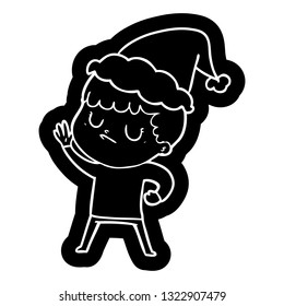 quirky cartoon icon of a grumpy boy wearing santa hat