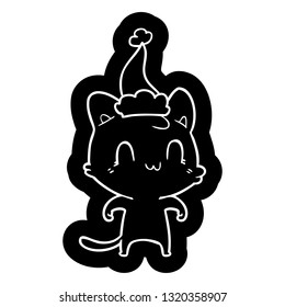 quirky cartoon icon of a happy cat wearing santa hat