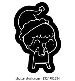 quirky cartoon icon of a happy man wearing santa hat