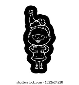 quirky cartoon icon of a happy old lady wearing santa hat