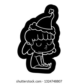 quirky cartoon icon of a indifferent woman wearing santa hat