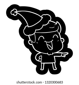 quirky cartoon icon of a man laughing wearing santa hat