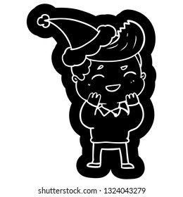 quirky cartoon icon of a man laughing wearing santa hat