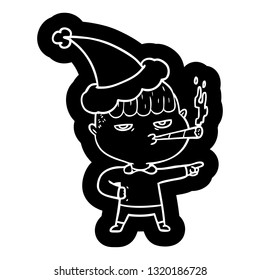 quirky cartoon icon of a man smoking wearing santa hat