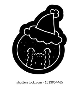 quirky cartoon icon of a orange wearing santa hat