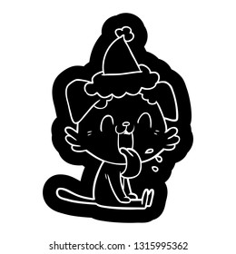 quirky cartoon icon of a panting dog wearing santa hat