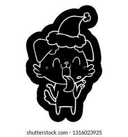 quirky cartoon icon of a panting dog shrugging shoulders wearing santa hat