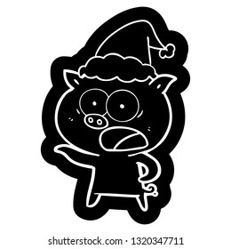 quirky cartoon icon of a pig shouting wearing santa hat