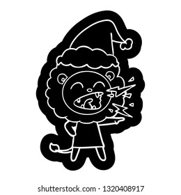 quirky cartoon icon of a roaring lion girl wearing santa hat