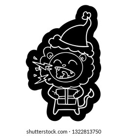 quirky cartoon icon of a roaring lion with gift wearing santa hat