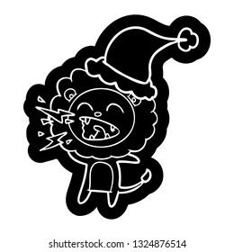 quirky cartoon icon of a roaring lion wearing santa hat