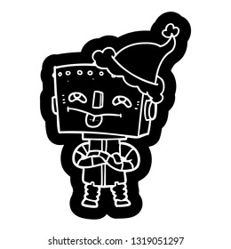 quirky cartoon icon of a robot wearing santa hat