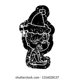 quirky cartoon icon of a surprised girl wearing santa hat