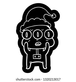 quirky cartoon icon of a three eyed alien wearing santa hat