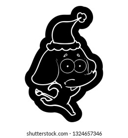quirky cartoon icon of a unsure elephant running away wearing santa hat