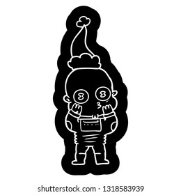 quirky cartoon icon of a weird bald spaceman wearing santa hat