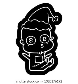 quirky cartoon icon of a weird bald spaceman wearing santa hat