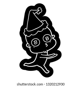 quirky cartoon icon of a weird bald spaceman running wearing santa hat