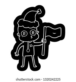 quirky cartoon icon of a weird bald spaceman with flag wearing santa hat