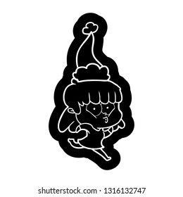 quirky cartoon icon of a whistling girl wearing santa hat