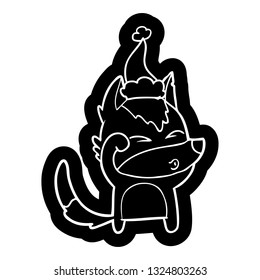 quirky cartoon icon of a wolf pouting wearing santa hat
