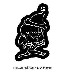 quirky cartoon icon of a woman running wearing santa hat
