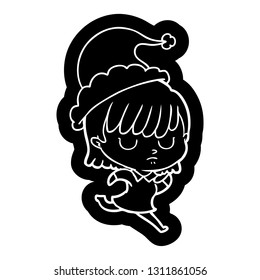 quirky cartoon icon of a woman wearing santa hat