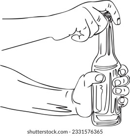Quirky Cartoon Illustration: Opening a Beer Bottle with Cheers, Cartoon Style Beer Time: Continuous Outline Sketch of Opening a Beer Bottle
