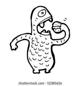 quirky cartoon monster eating burger