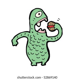 quirky cartoon monster eating burger