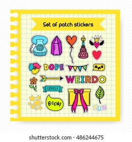 A Of Quirky Cartoon Patch Badges. Bright Fashion Pins. Fun Sticker Set On A Copybook Page. Notebook Mockup.