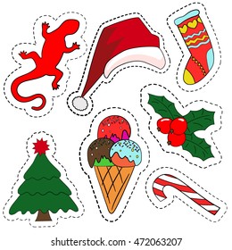 Quirky cartoon patch badges or fashion pin badges. Christmas decoration paches set: Santa hat, Candy cane, ice cream, Christmas tree, hand knitted socks for gifts. Cute sticker. Christmas paches.