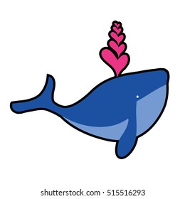 Quirky cartoon patch. Cute whale with heart shape in love. Vector illustration. Template for Valentine's day.