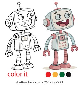 Quirky Cartoon Robot Coloring Page for Kids – Playful Party Scene with Two Robots Wearing Fun Hats – Creative Printable Activity Sheet
