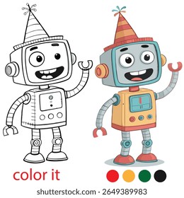 Quirky Cartoon Robot Coloring Page for Kids – Playful Party Scene with Two Robots Wearing Fun Hats – Creative Printable Activity Sheet