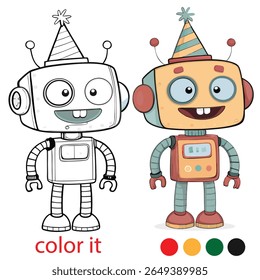 Quirky Cartoon Robot Coloring Page for Kids – Playful Party Scene with Two Robots Wearing Fun Hats – Creative Printable Activity Sheet