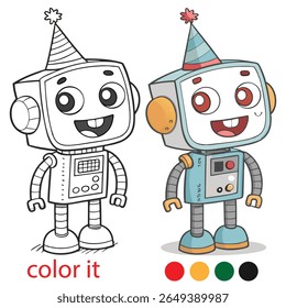 Quirky Cartoon Robot Coloring Page for Kids – Playful Party Scene with Two Robots Wearing Fun Hats – Creative Printable Activity Sheet