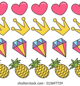 Quirky cartoon Seamless Pattern Pink heart, crown, diamond, pineapple White background. Flat design. Vector illustration.