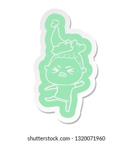 quirky cartoon  sticker of a angry woman wearing santa hat