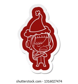 quirky cartoon  sticker of a astronaut woman explaining wearing santa hat