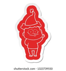 quirky cartoon  sticker of a bald man staring wearing santa hat