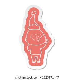 quirky cartoon  sticker of a bald man staring wearing santa hat