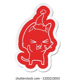 quirky cartoon  sticker of a cat hissing wearing santa hat