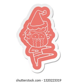 quirky cartoon  sticker of a crying dancer wearing santa hat
